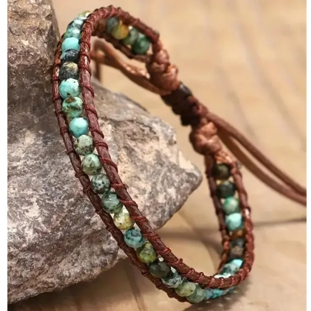 Natural African Turquoise Bead Adjustable Wax Cord Anklet or Bracelet